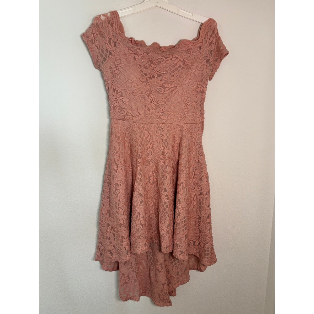 Jodi Kristopher Pink Lace High Low Cocktail Dress Size 13 Glitter Scalloped Neck